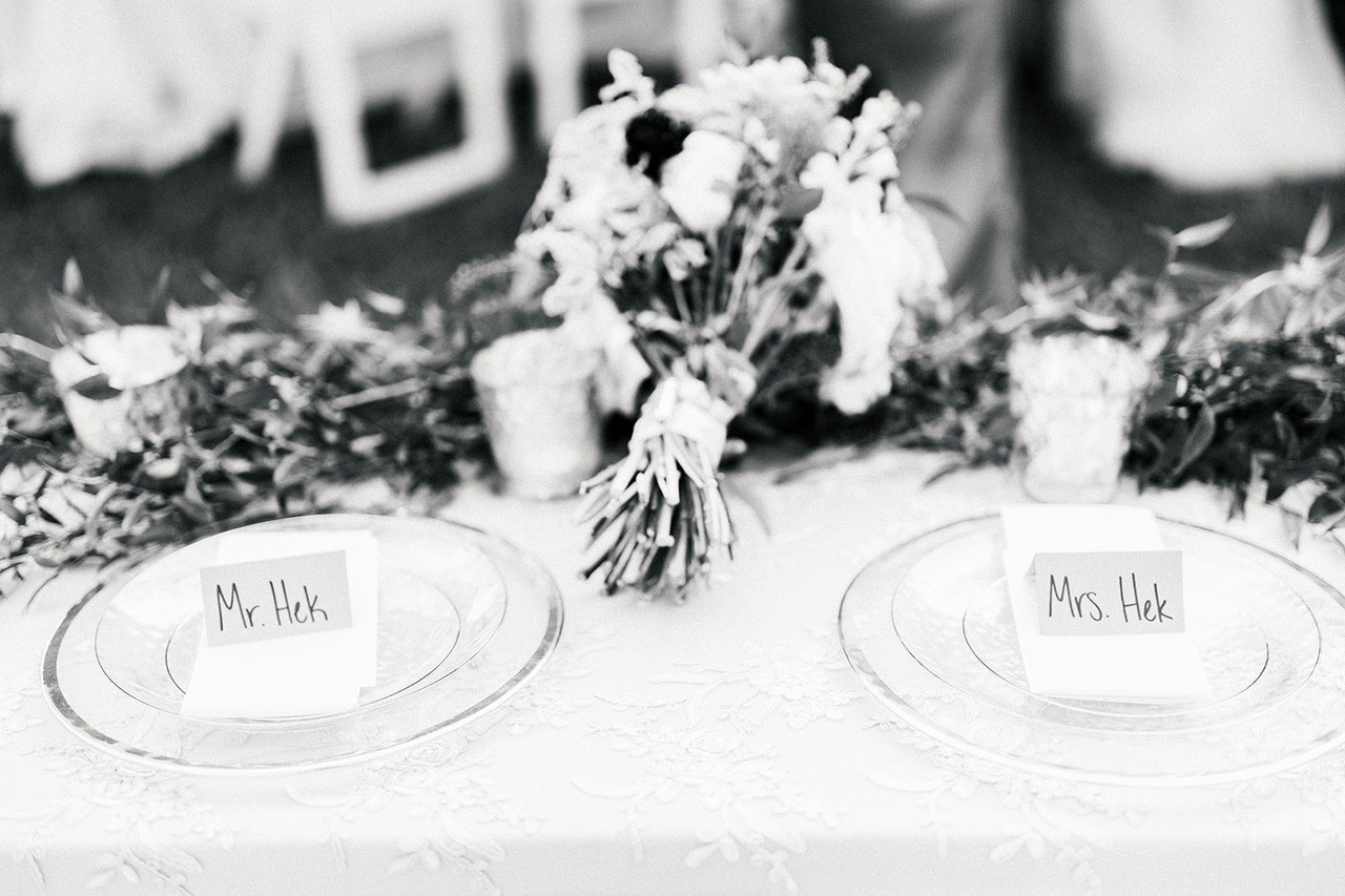 Sweetheart table place settings reading Mr. and Mrs. Hek, black and white reception detail