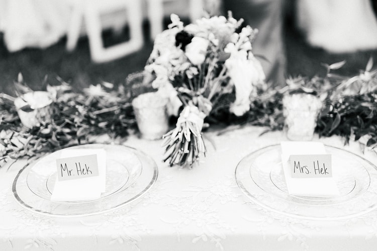 Sweetheart table place settings reading Mr. and Mrs. Hek, black and white reception detail