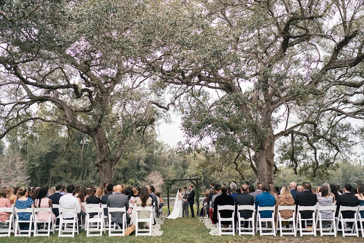 Wide ceremony shot: guests seated on white chairs between mature oaks as the couple stands at the altar beneath the leafy canopy.