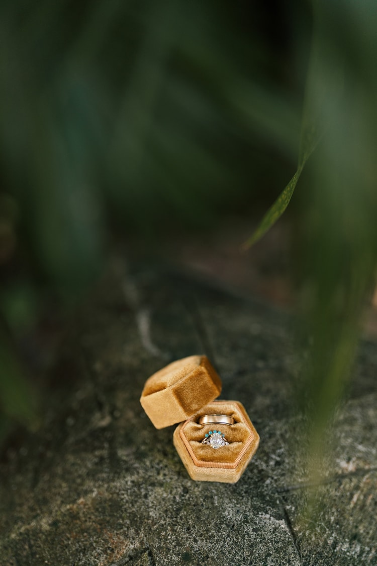 Gold velvet ring box holding an engagement ring and wedding band set on a mossy stone ledge, framed by blurred green foliage.