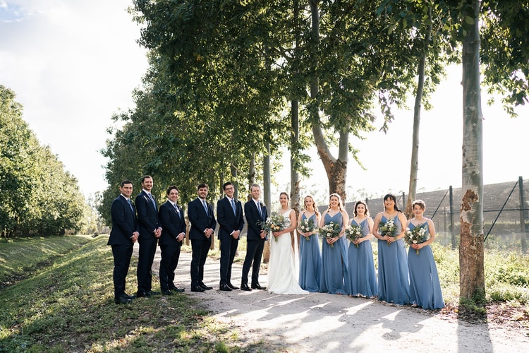 Full wedding party portrait along a tree-lined path, bridesmaids in dusty blue and groomsmen in navy flanking the couple.