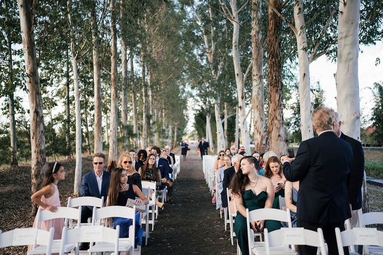 Wedding guests arriving and settling into white chairs along the tree-canopied outdoor ceremony aisle as the processional begins.