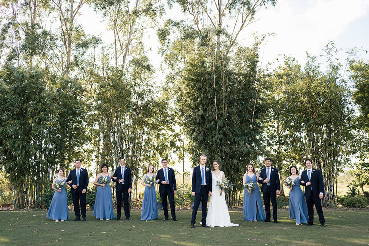 Full wedding party standing in a relaxed line on a grassy lawn, bridesmaids in dusty blue and groomsmen in navy suits.